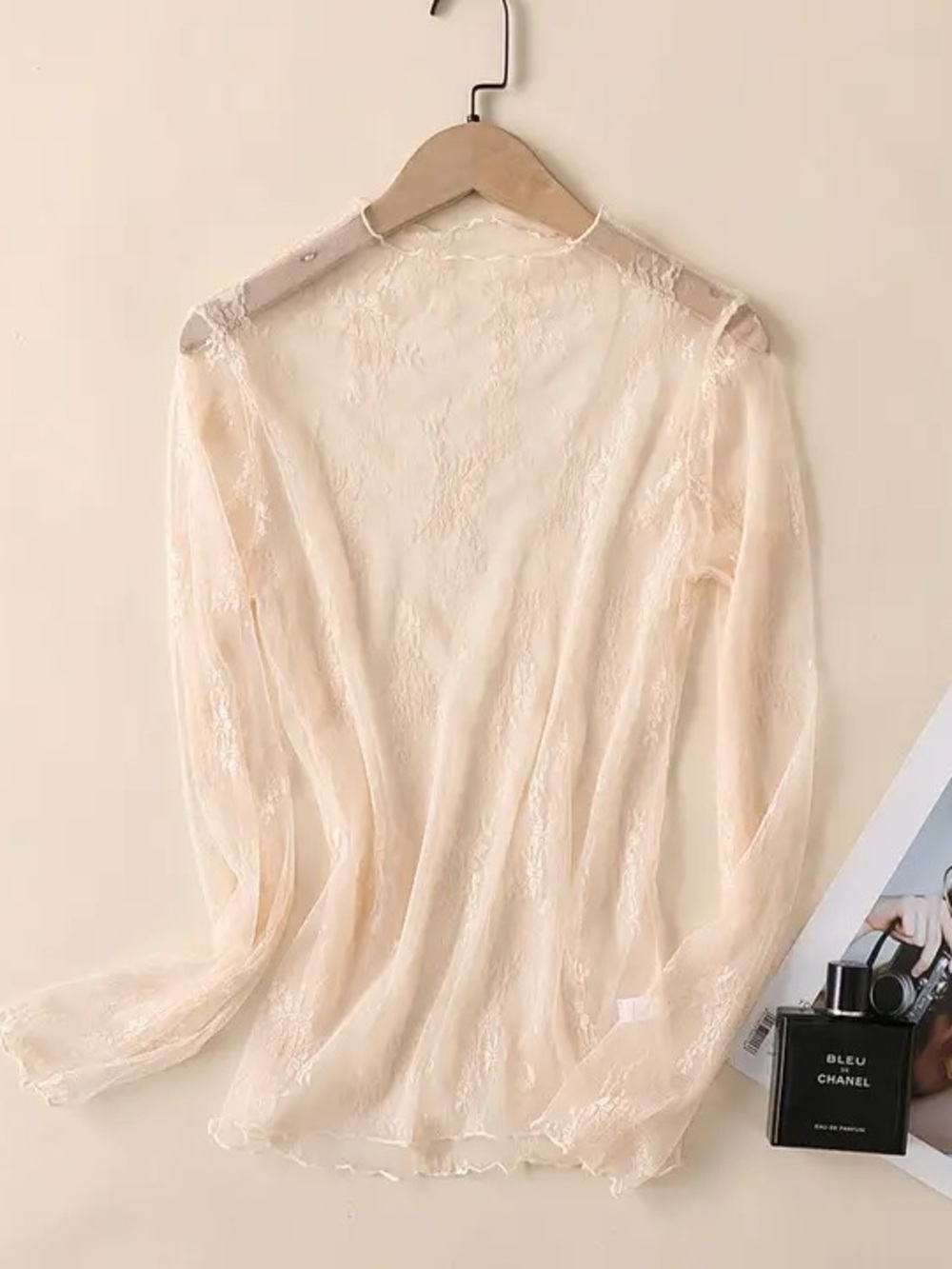 Sheer Lace Long-Sleeve Top in Cream